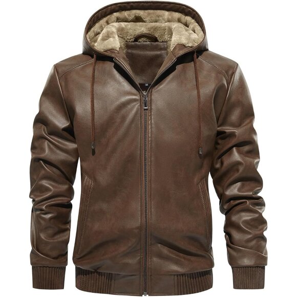 Brand New Men's Brown Polyester Sherpa Lined Hooded Faux Leather Bomber Jacket - Picture 7 of 9
